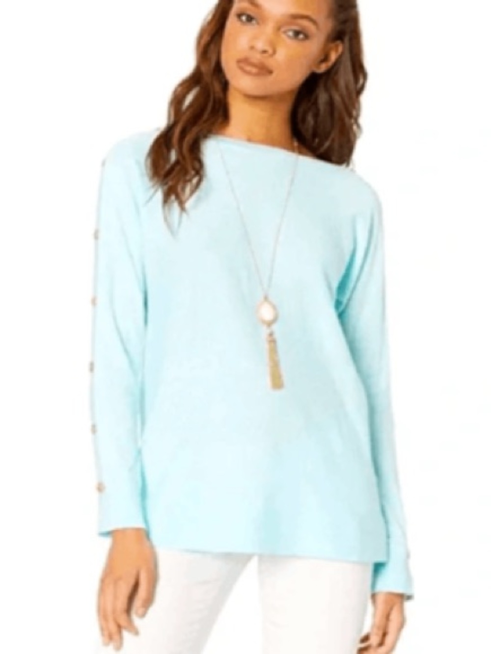 Lilly Pulitzer Light Blue Long-Sleeve Boatneck Top with Sleeve Buttons S